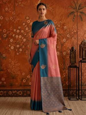 Peach silk blend woven saree with zari woven 4