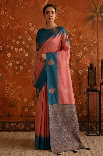 Peach silk blend woven saree with zari woven
