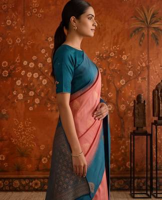 Peach silk blend woven saree with zari woven 5