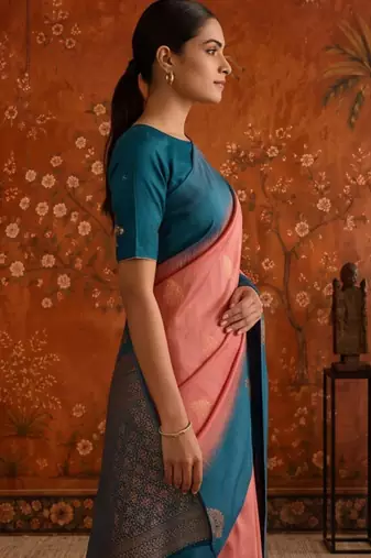 Peach silk blend woven saree with zari woven