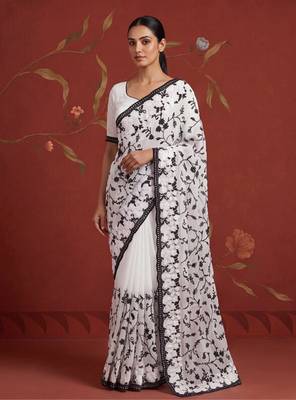 White georgette embroidered saree with resham embroidery 1