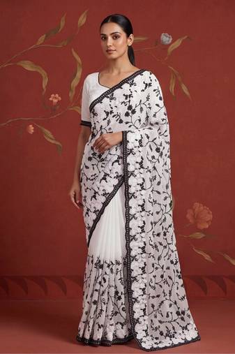 White georgette embroidered saree with resham embroidery