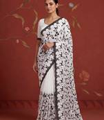 White georgette embroidered saree with resham embroidery