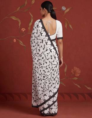 White georgette embroidered saree with resham embroidery 2