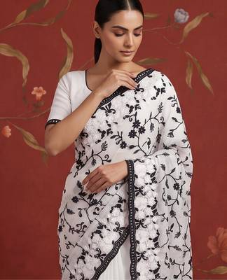 White georgette embroidered saree with resham embroidery 4