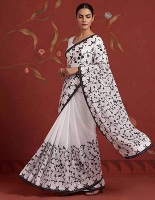 White georgette embroidered saree with resham embroidery 5