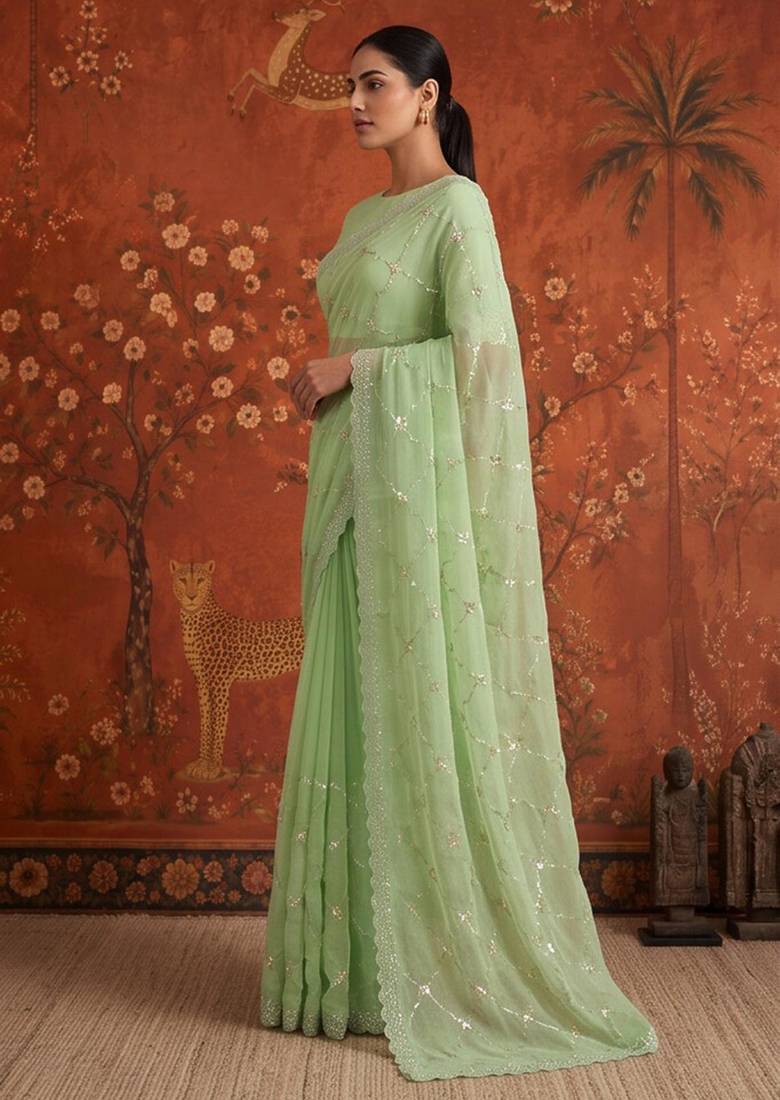 Green chiffon embroidered saree with beads