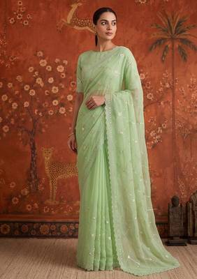 Green chiffon embroidered saree with beads 2
