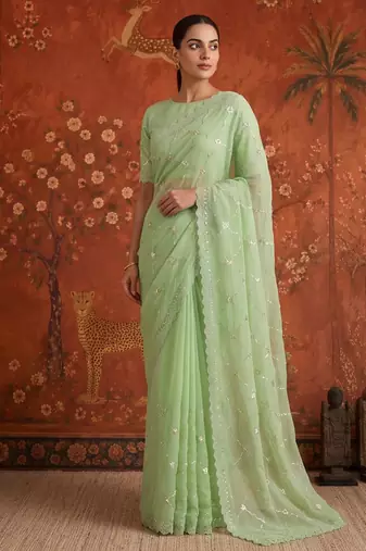 Green chiffon embroidered saree with beads