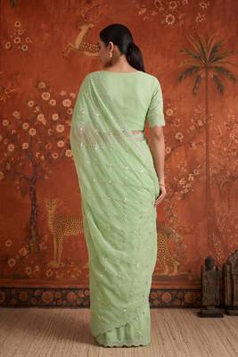 Green chiffon embroidered saree with beads 3