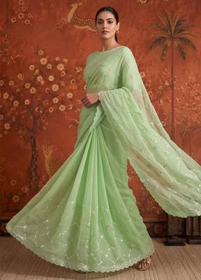 Green chiffon embroidered saree with beads 4