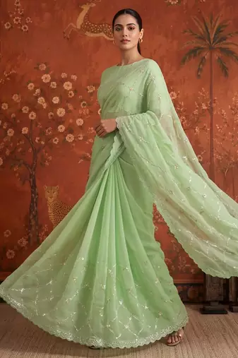 Green chiffon embroidered saree with beads
