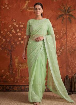 Green chiffon embroidered saree with beads 5