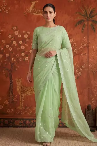 Green chiffon embroidered saree with beads