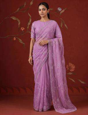 Lavender chiffon embroidered saree with beads 1