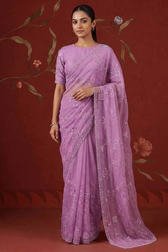 Lavender chiffon embroidered saree with beads
