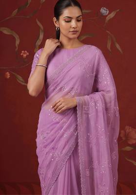 Lavender chiffon embroidered saree with beads 2