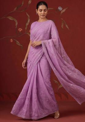 Lavender chiffon embroidered saree with beads 3