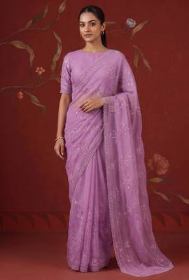 Lavender chiffon embroidered saree with beads 4