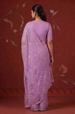 Lavender chiffon embroidered saree with beads 5