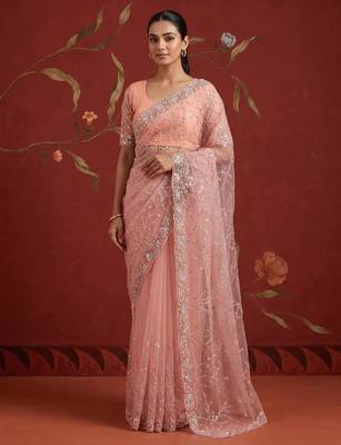 Peach net embroidered saree with beads 1