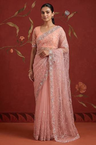 Peach net embroidered saree with beads