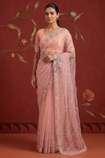 Peach net embroidered saree with beads