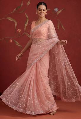 Peach net embroidered saree with beads 3