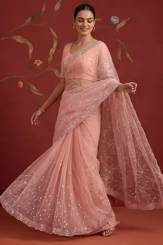 Peach net embroidered saree with beads