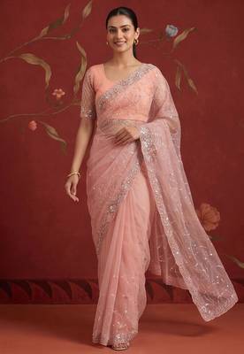Peach net embroidered saree with beads 4