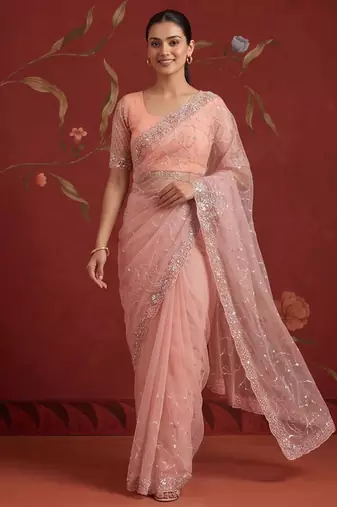 Peach net embroidered saree with beads