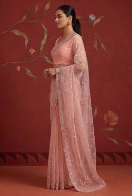 Peach net embroidered saree with beads 5