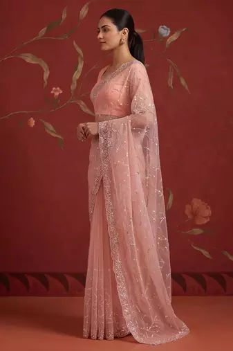 Peach net embroidered saree with beads