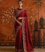 Maroon satin embroidered saree with zari work