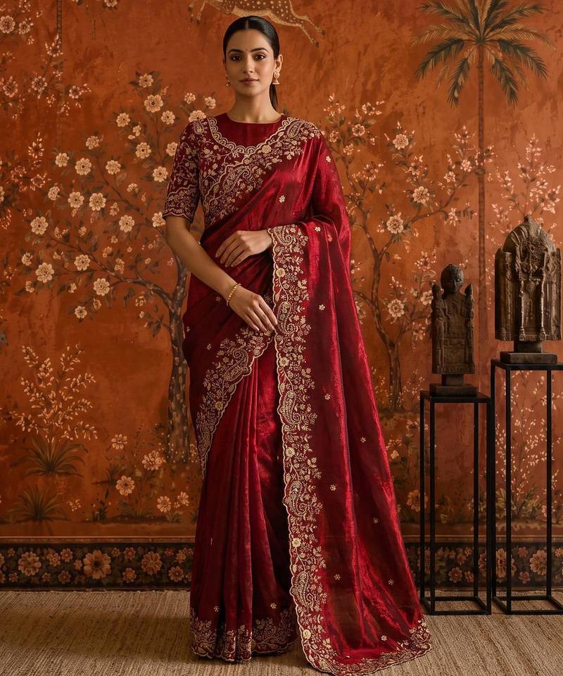 Maroon satin embroidered saree with zari work