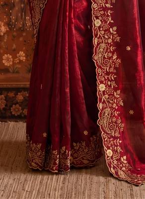 Maroon satin embroidered saree with zari work 2