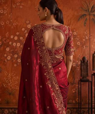 Maroon satin embroidered saree with zari work 3