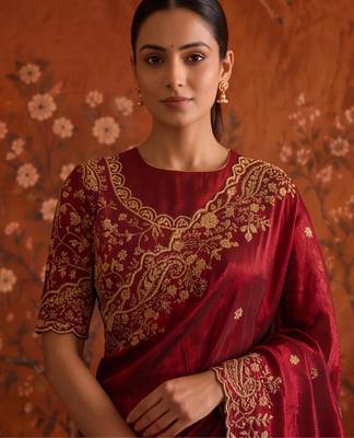 Maroon satin embroidered saree with zari work 4