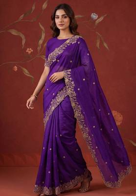 Purple satin embroidered saree with zari work 1