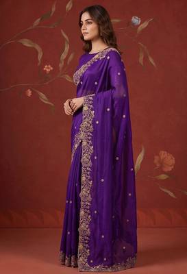 Purple satin embroidered saree with zari work 2