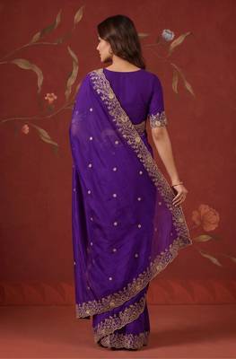 Purple satin embroidered saree with zari work 3