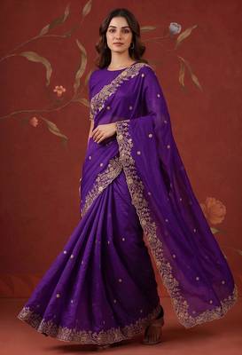 Purple satin embroidered saree with zari work 4