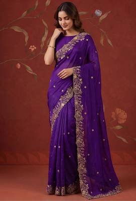 Purple satin embroidered saree with zari work 5
