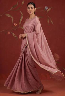 Pink satin embroidered saree with zari work 1