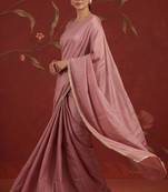 Pink satin embroidered saree with zari work