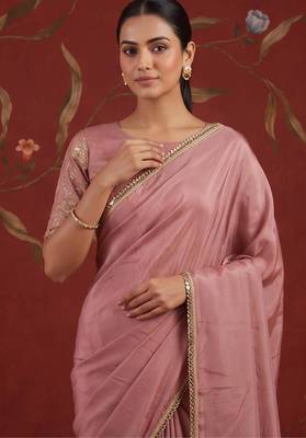 Pink satin embroidered saree with zari work 2