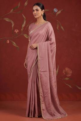 Pink satin embroidered saree with zari work 3