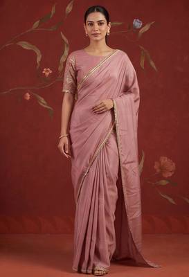 Pink satin embroidered saree with zari work 4