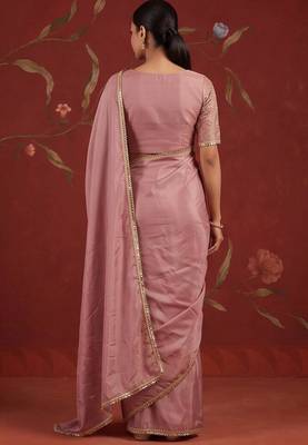 Pink satin embroidered saree with zari work 5