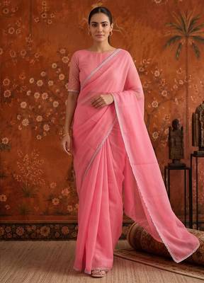 Pink georgette embroidered saree with zari work 2